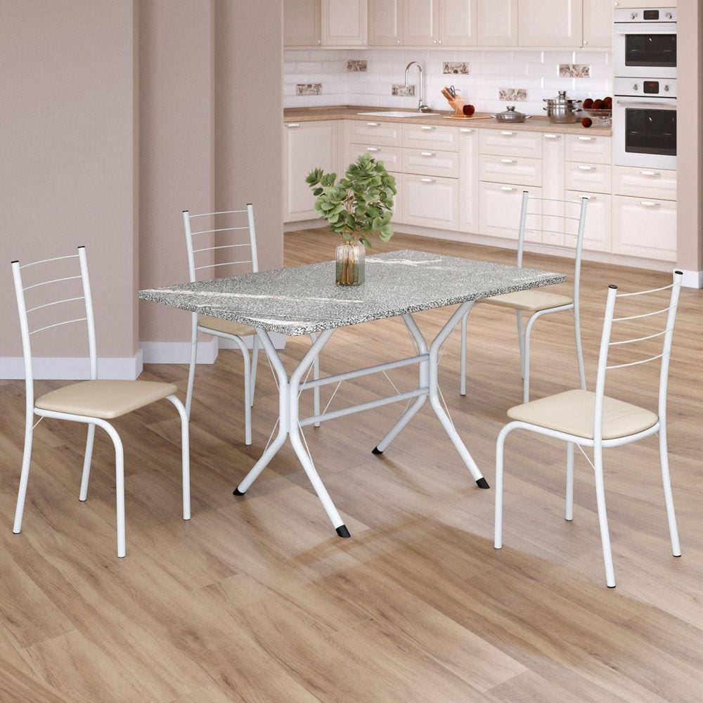 Conjunto Sala de Jantar Mesa Retangular 100x60cm Tampo Granito Topázio 4 Cadeiras Rio Creme / Branco