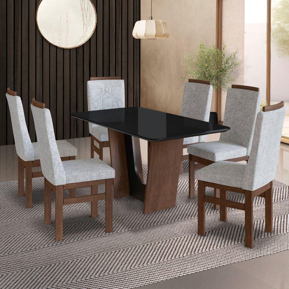 Conjunto Sala de Jantar Mesa 90x160cm T Vidro com 6 Cadeiras Madeira Maciça Tecido Linho Marrom/Cinza/Vidro preto