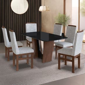 Conjunto Sala de Jantar Mesa 90x160cm T Vidro com 6 Cadeiras Madeira Maciça Tecido Linho Marrom/Cinza/Vidro preto