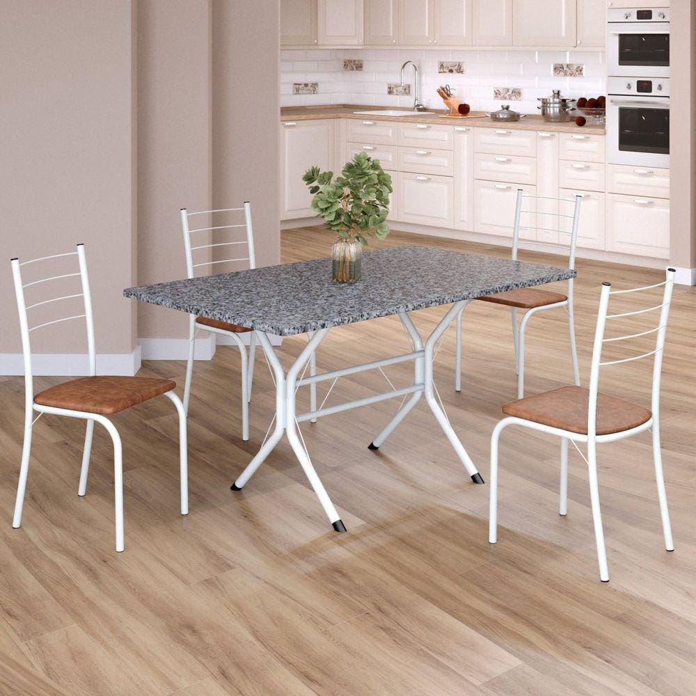 Conjunto Sala de Jantar Mesa Retangular 120x75cm Tampo Granito Ocre 4 Cadeiras Rio C. Marrom / Branco