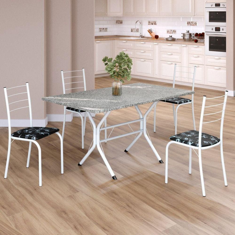 Conjunto Sala de Jantar Mesa Retangular 120x75cm Tampo Granito Topázio 4 Cadeiras Rio Preto Floral / Branco