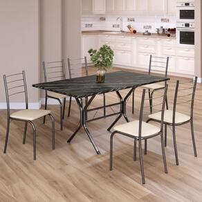 Conjunto Sala de Jantar Mesa Retangular 140x75cm Tampo Madeira Mdp Indiana 6 Cadeiras Rio Creme / Mart Prata