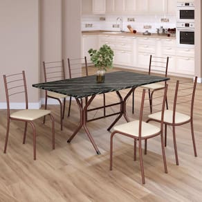Conjunto Sala de Jantar Mesa Retangular 140x75cm Tampo Ardósia Indiana 6 Cadeiras Rio Creme / Marrom