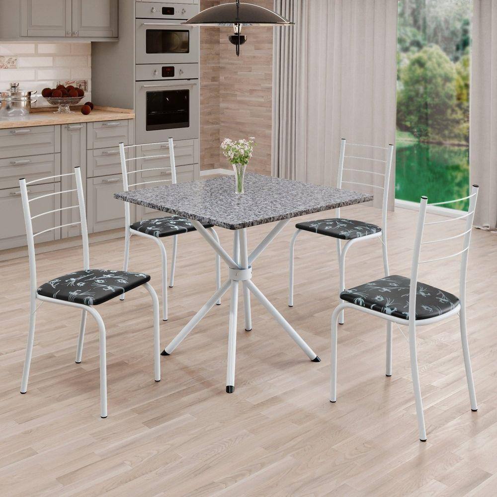 Conjunto Sala de Jantar Mesa Quadrada 70x70cm Tampo Granito Ocre 4 Cadeiras Rio Preto Floral / Branco