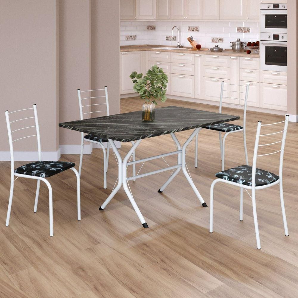 Conjunto Sala de Jantar Mesa Retangular 100x60cm Tampo Ardósia Indiana 4 Cadeiras Rio Preto Floral / Branco