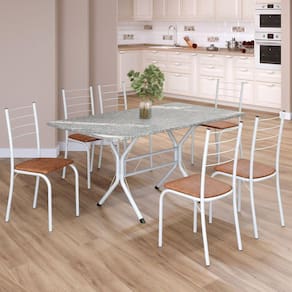 Conjunto Sala de Jantar Mesa Retangular 140x75cm Tampo Granito Topázio 6 Cadeiras Rio C. Marrom / Branco