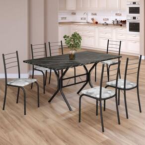 Conjunto Sala de Jantar Mesa Retangular 140x75cm Tampo Ardósia Indiana 6 Cadeiras Rio Paraopeba/ Preto Fosco