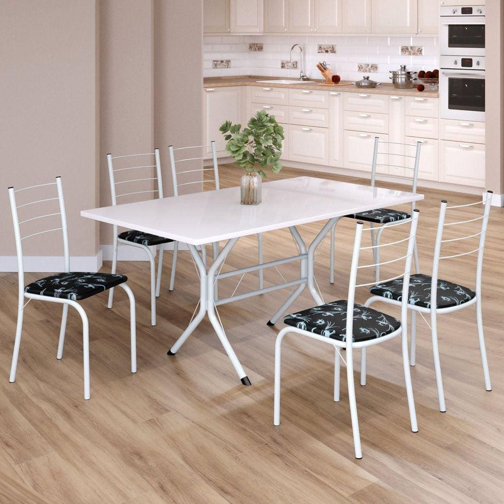 Conjunto Sala de Jantar Mesa Retangular 140x75cm Tampo Madeira Mdp 6 Cadeiras Rio Preto Floral / Branco