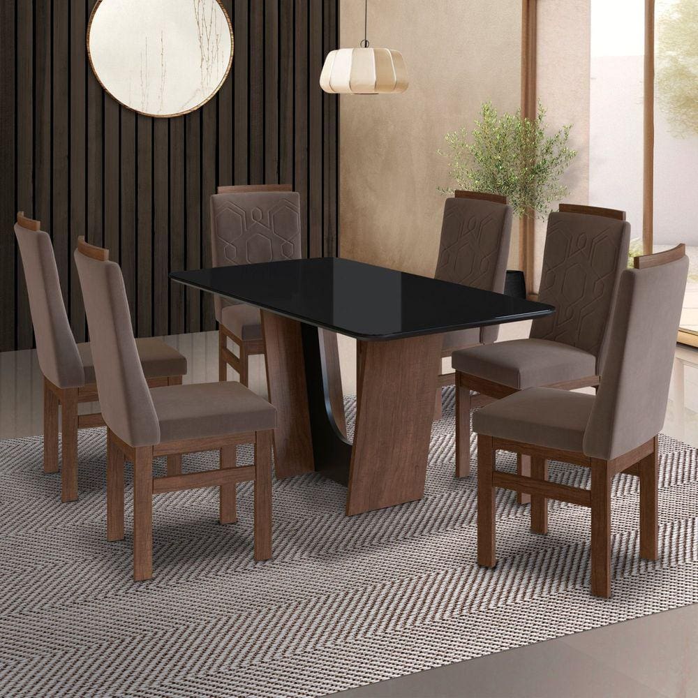 Conjunto Sala de Jantar Mesa 90x160cm T Vidro com 6 Cadeiras Madeira Maciça Tecido Joli Marrom/joli marrom/Vidro preto