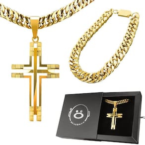pingente crucifixo + caixa + corrente banhada ouro + pulseira moda masculina presente religioso