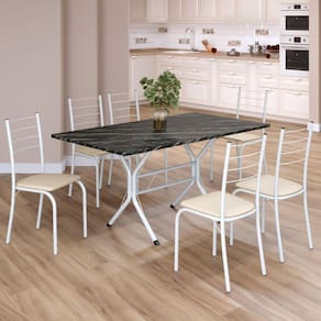 Conjunto Sala de Jantar Mesa Retangular 140x75cm Tampo Madeira Mdp Indiana 6 Cadeiras Rio Creme / Branco