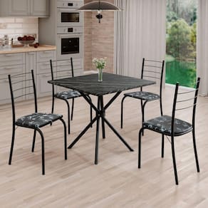 Conjunto Sala de Jantar Mesa Quadrada 70x70cm Tampo Ardósia Indiana 4 Cadeiras Rio Preto Floral / Preto Fosco