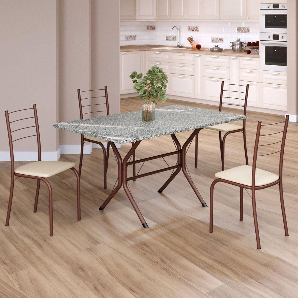 Conjunto Sala de Jantar Mesa Retangular 120x75cm Tampo Granito Topázio 4 Cadeiras Rio Creme / Marrom