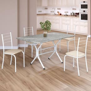 Conjunto Sala de Jantar Mesa Retangular 120x75cm Tampo Granito Topázio 4 Cadeiras Rio Creme / Branco