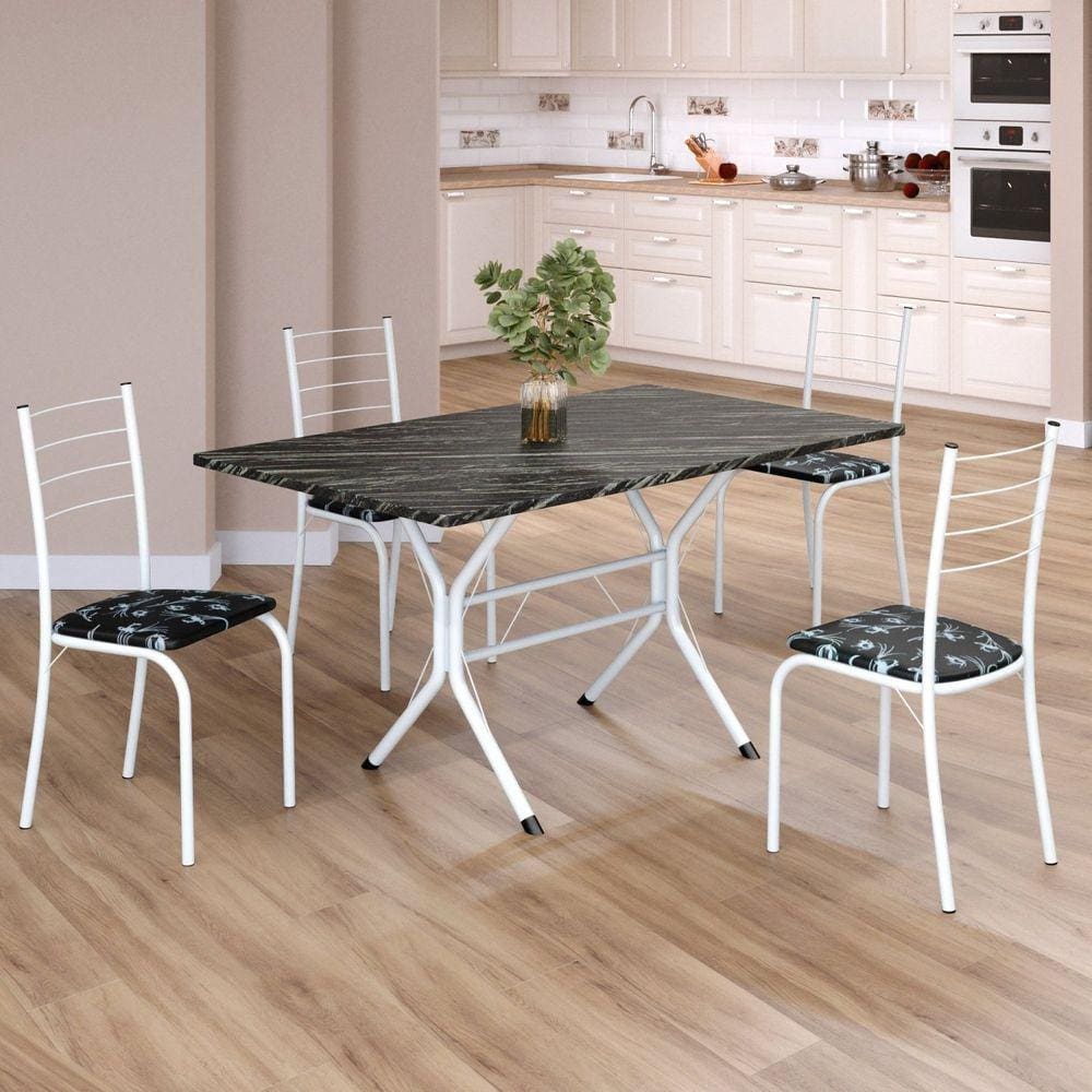 Conjunto Sala de Jantar Mesa Retangular 120x75cm Tampo Madeira Mdp Indiana 4 Cadeiras Rio Preto Floral / Branco