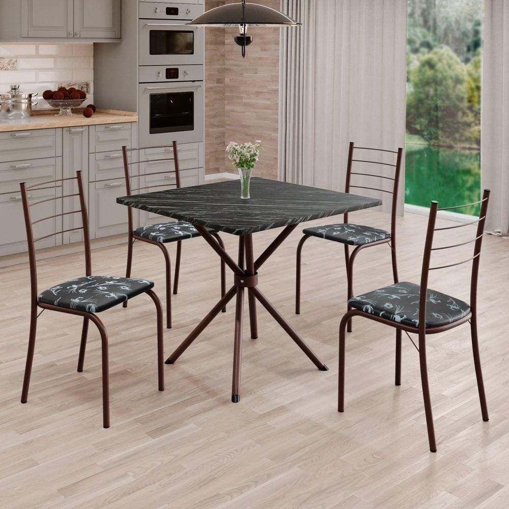 Conjunto Sala de Jantar Mesa Quadrada 70x70cm Tampo Ardósia Indiana 4 Cadeiras Rio Preto Floral / Marrom