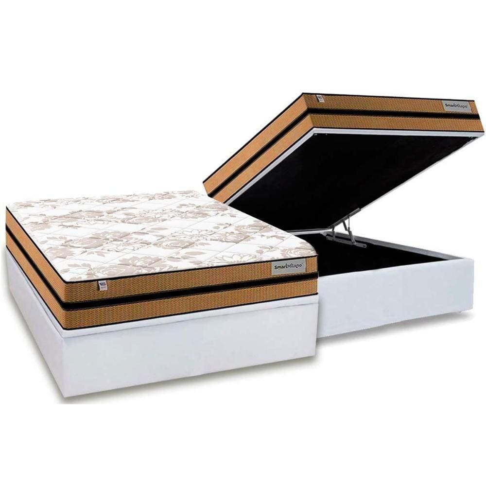 Cama Box Baú Casal: Colchão Molas Ensacadas Plumatex MasterPocket Smart Milano + Base CRC Courano White(138x188)