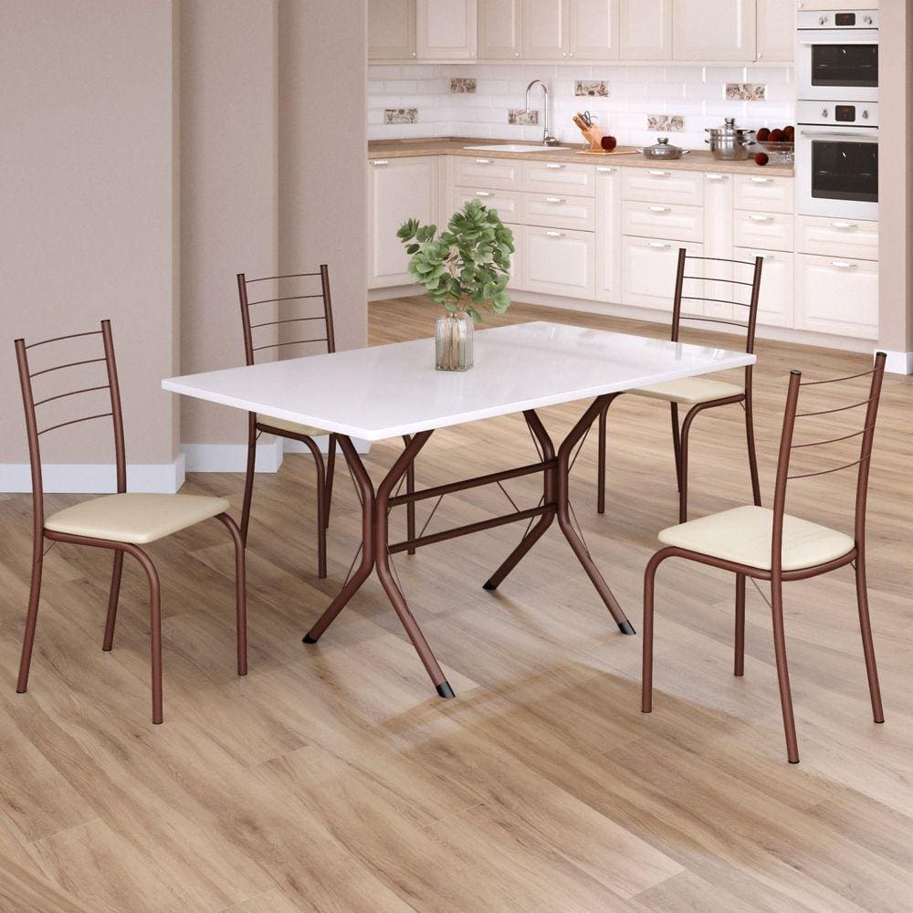 Conjunto Sala de Jantar Mesa Retangular 120x75cm Tampo Madeira Mdp White 4 Cadeiras Rio Creme / Marrom
