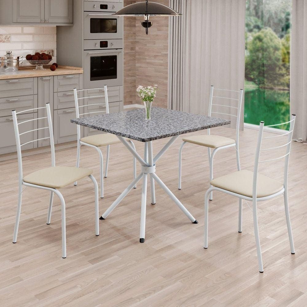 Conjunto Sala de Jantar Mesa Quadrada 70x70cm Tampo Granito Ocre 4 Cadeiras Rio Creme / Branco