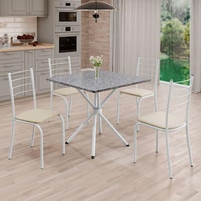 Conjunto Sala de Jantar Mesa Quadrada 70x70cm Tampo Granito Ocre 4 Cadeiras Rio Creme / Branco