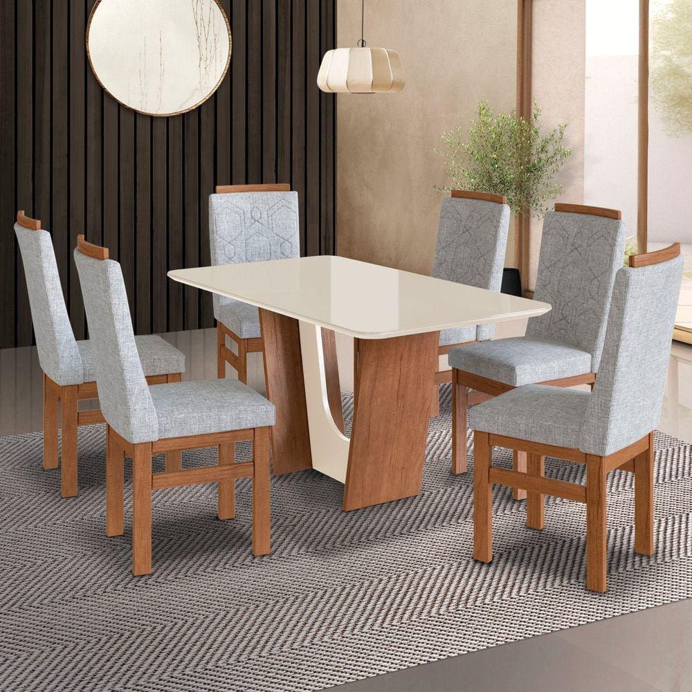 Conjunto Sala de Jantar Mesa 90x160cm T Vidro com 4 Cadeiras Madeira Maciça Tecido Linho Canela/Cinza/Off White