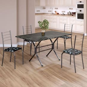 Conjunto Sala de Jantar Mesa Retangular 120x75cm Tampo Ardósia Indiana 4 Cadeiras Rio Preto Floral / Mart Prata