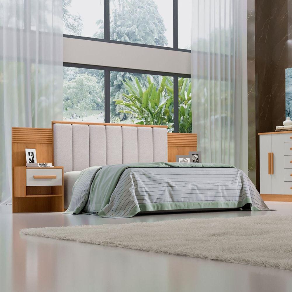 Cabeceira Casal 140cm Ripada 100% Mdf Estofada Isis com 02 Mesas de Cabeceira Cinamomo/Off White/Areia