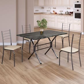Conjunto Sala de Jantar Mesa Retangular 100x60cm Tampo Madeira Mdp Ardósia Indiana 4 Cadeiras Rio Creme / Mart Prata