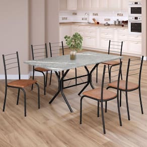 Conjunto Sala de Jantar Mesa Retangular 140x75cm Tampo Granito Topázio 6 Cadeiras Rio C. Marrom / Preto Fosco