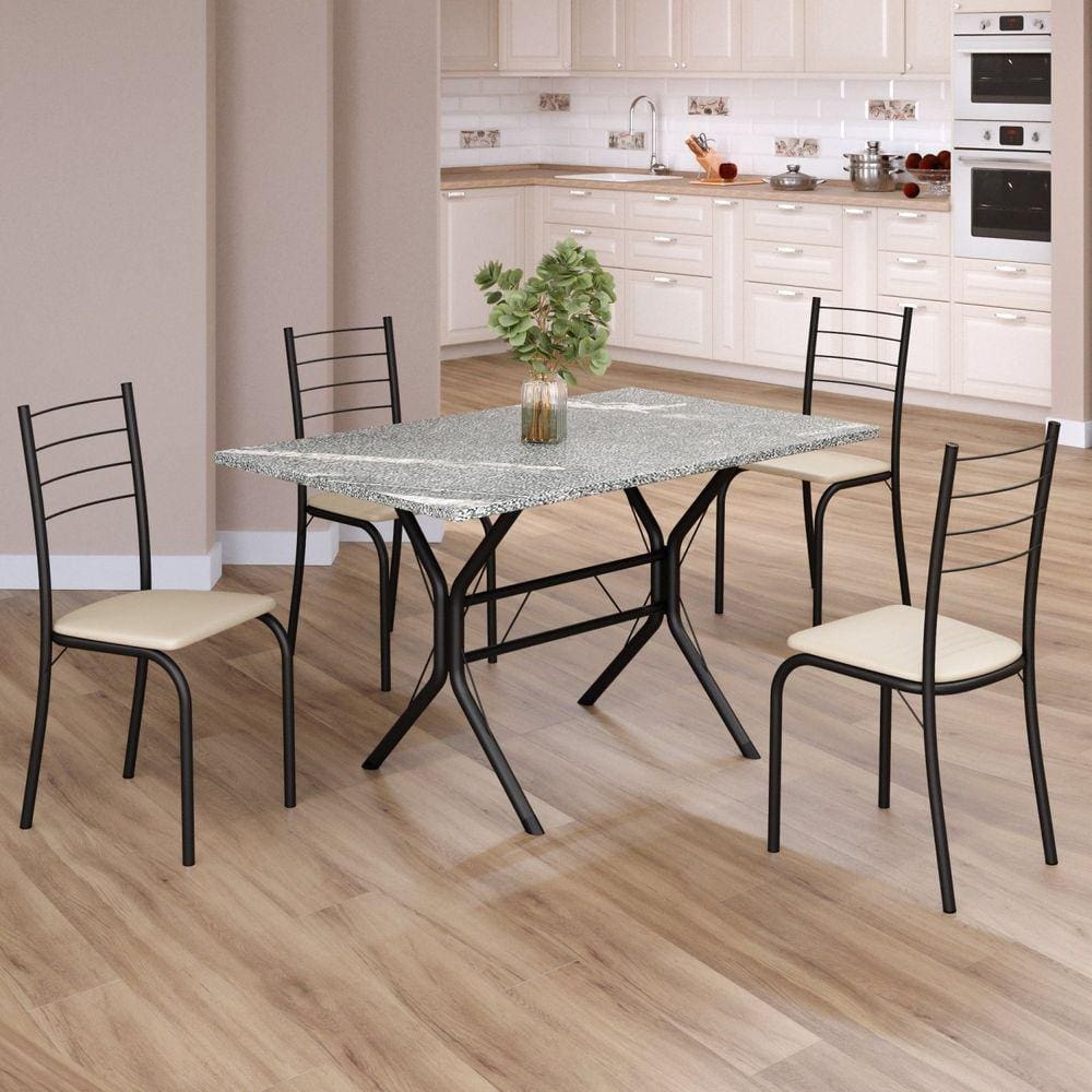 Conjunto Sala de Jantar Mesa Retangular 100x60cm Tampo Granito Topázio 4 Cadeiras Rio Creme / Preto Fosco
