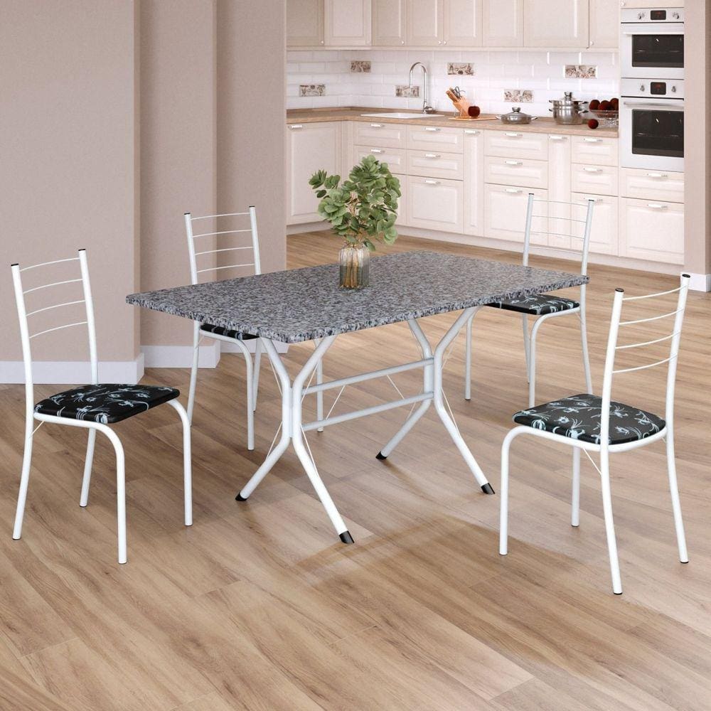 Conjunto Sala de Jantar Mesa Retangular 120x75cm Tampo Granito Ocre 4 Cadeiras Rio Preto Floral / Branco