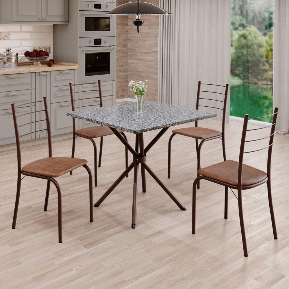 Conjunto Sala de Jantar Mesa Quadrada 70x70cm Tampo Granito Ocre 4 Cadeiras Rio Marrom