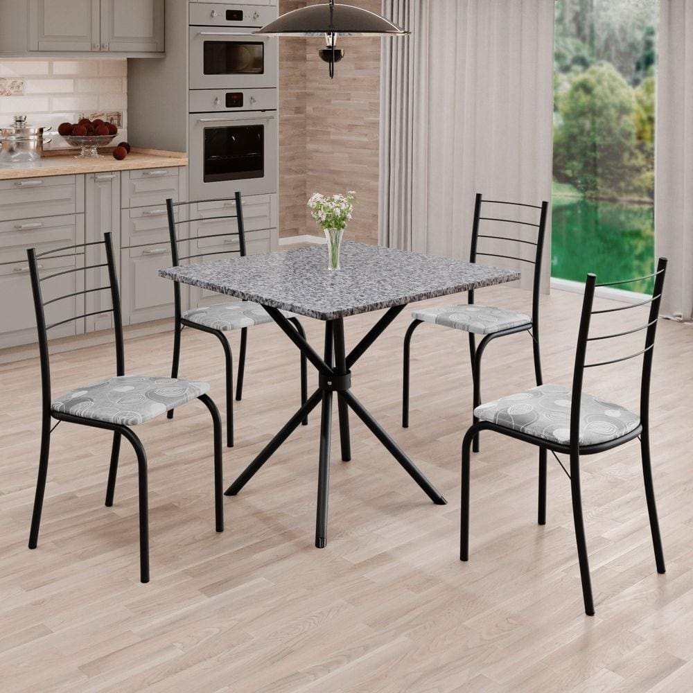 Conjunto Sala de Jantar Mesa Quadrada 70x70cm Tampo Granito Ocre 4 Cadeiras Rio Paraopeba/ Preto Fosco