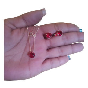 Kit Colar e Brinco Pedra de Zircônia Vermelha 8mm
