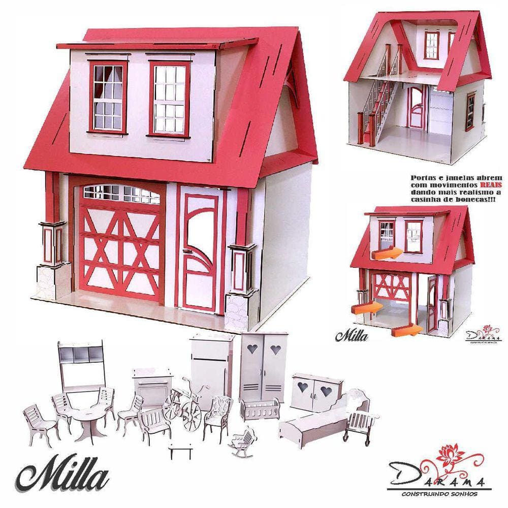 Kit Casa Boneca Escala Barbie Garagem Milla Rubrum 18 Mov Rb