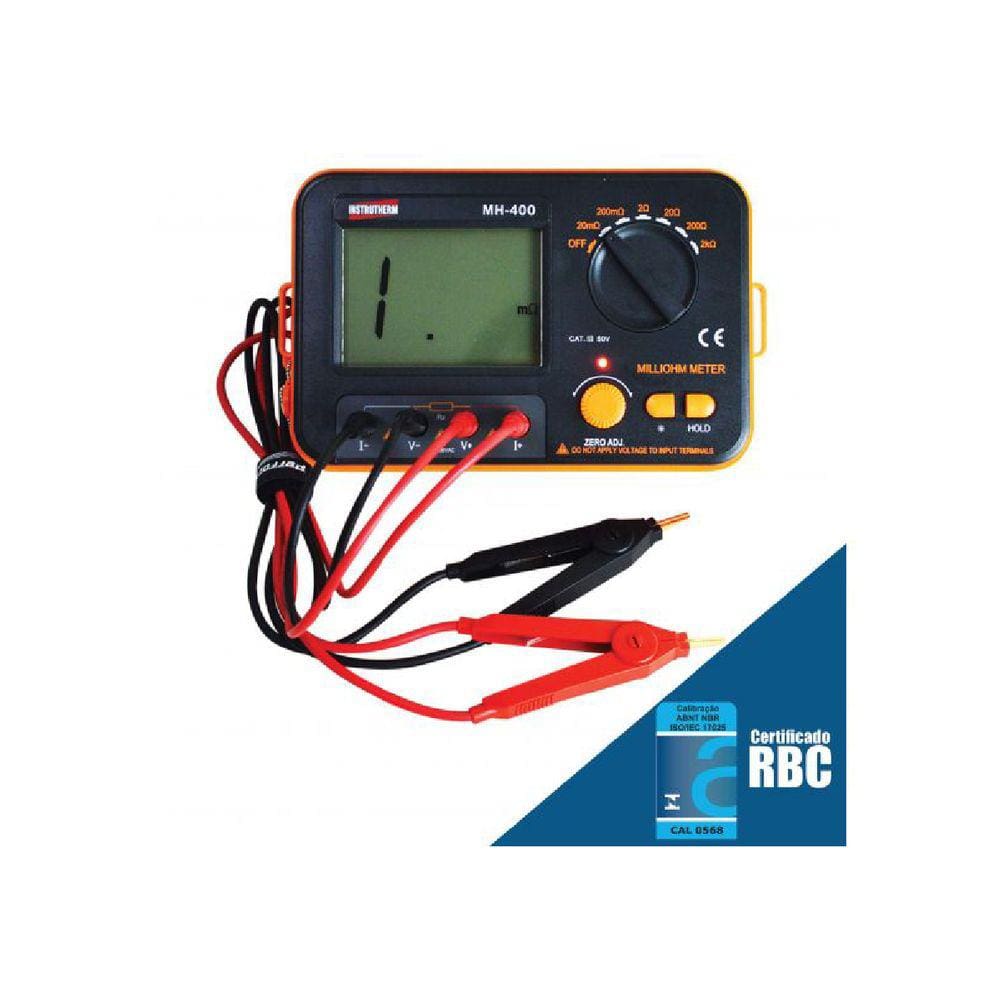 Miliohmmímetro Digital Resistência Corrente Escala 20 A 2Kohm 3½ Dígitos Mh-400 Portátil Instrutherm Com Certificado Rbc