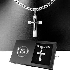 Pingente cruz grande + caixa + cordão prata aço inox qualidade premium presente moda masculina