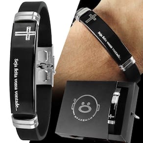 Pulseira masculina preta placa aço inox pai nosso + caixa social qualidade premium preto casual