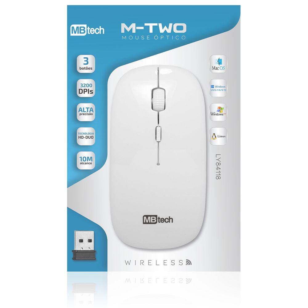 Mouse Slim Sem Fio Usb Branco Mbtech (MB54118)