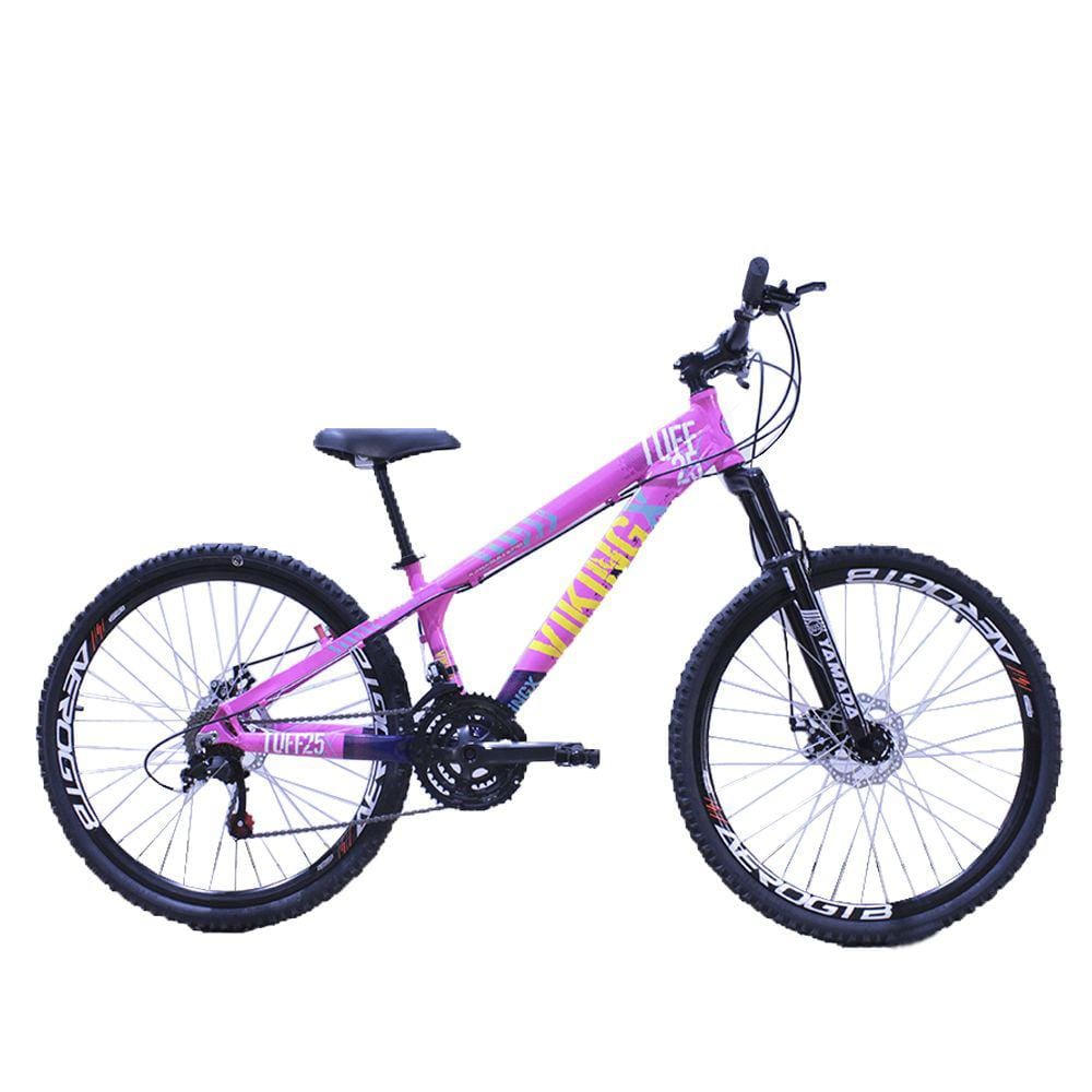 Bicicleta Viking TUFF25 Aro 26 Aero 26 disco Freio Disc 21V Cambios Shimano Rosa Neon Azul Marinho