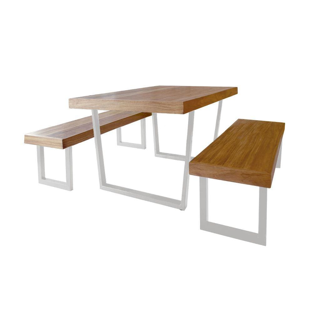 Conjunto Mesa Industrial Lanna 2,20m Ferragem Branca com 2 Banco Industrial Lanna