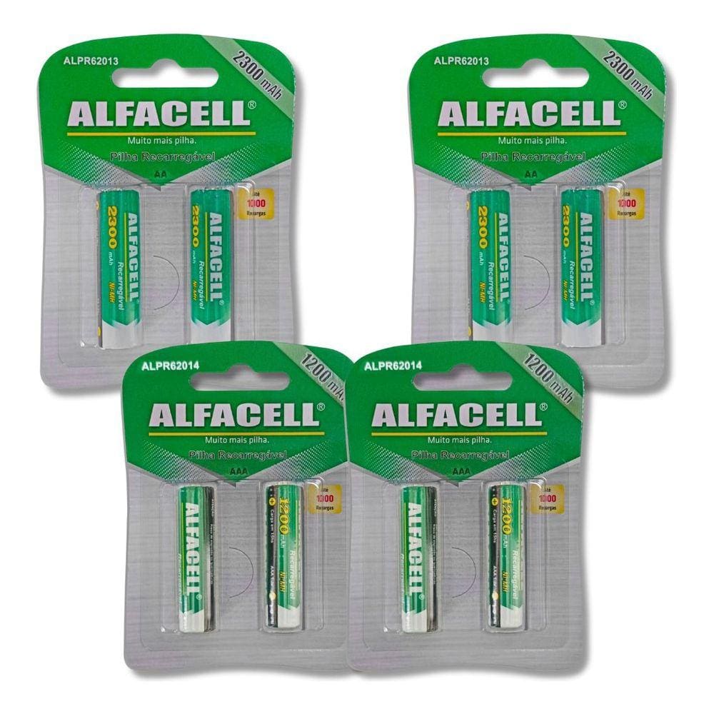 Kit 8 Pilhas Recarregaveis 4 Pilhas AA + 4 Pilhas AAA 1.2v Alfacell