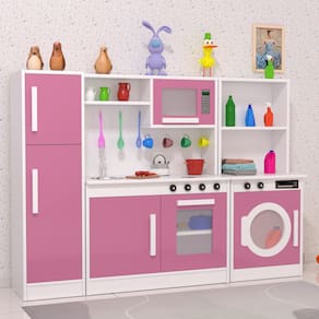 Kit Mini Cozinha Infantil com Geladeira Lavanderia Rosa MDF