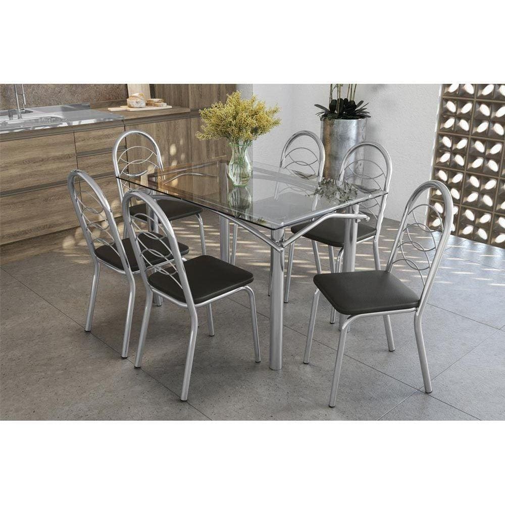 Kit Mesa Elba C- Tampo de Vidro 120cm + 6 Cadeiras Holanda Cromada Assento Preto