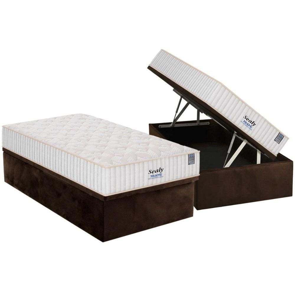 Cama Box Baú Solteiro: Colchão Molas MasterPocket Ensacadas Plumatex Miami + Base CRC Suede Brown(88x188)