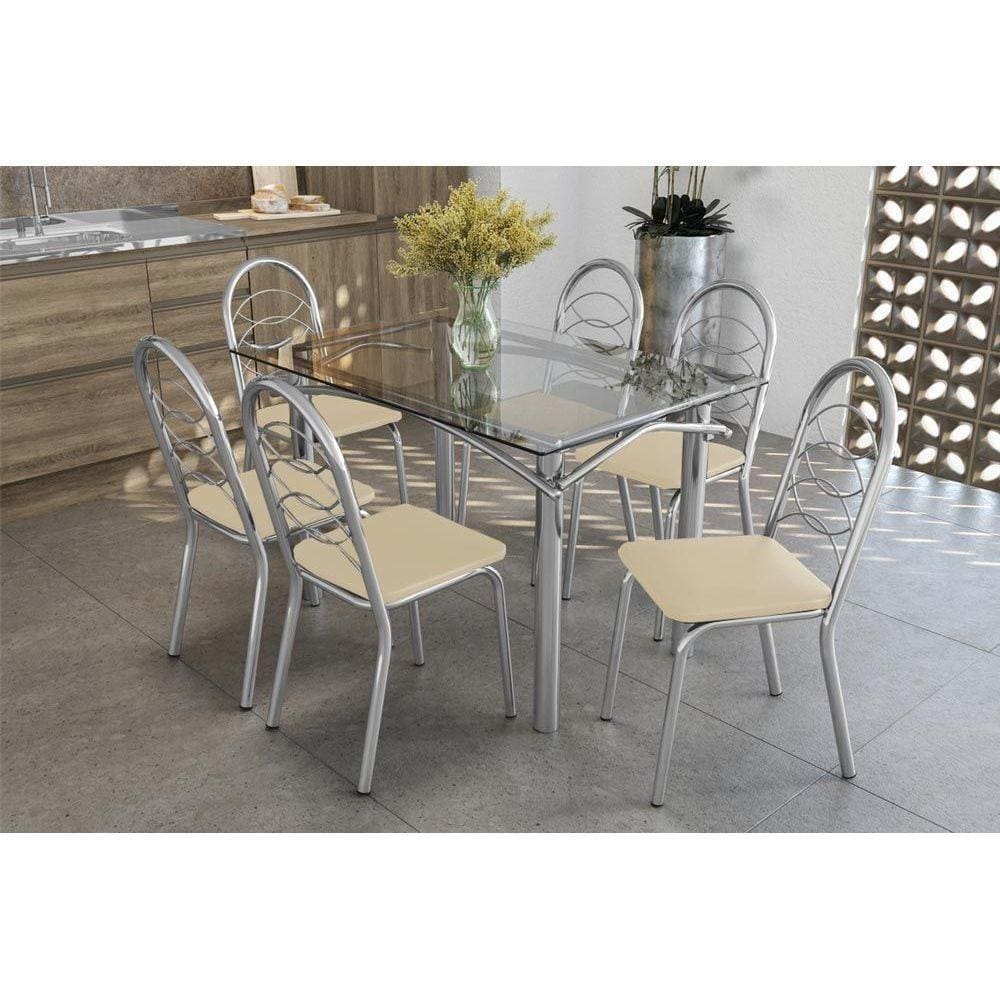 Kit Mesa Elba C- Tampo Vidro 120cm + 6 Cadeiras Holanda Cromada Nude