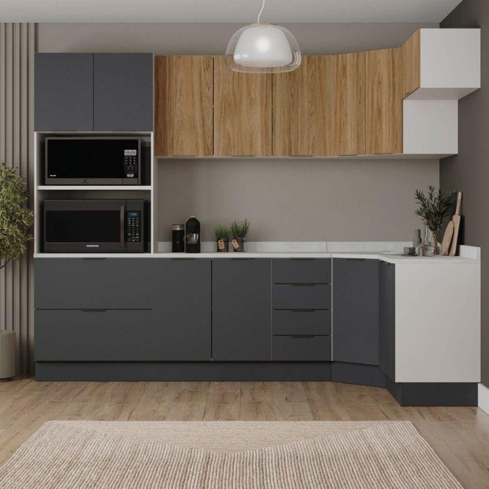 Cozinha Modulada 7 Peças com Tampo e Rodapé Ipanema Cabecasa Madeiramadeira Grafite Trama/Acácia