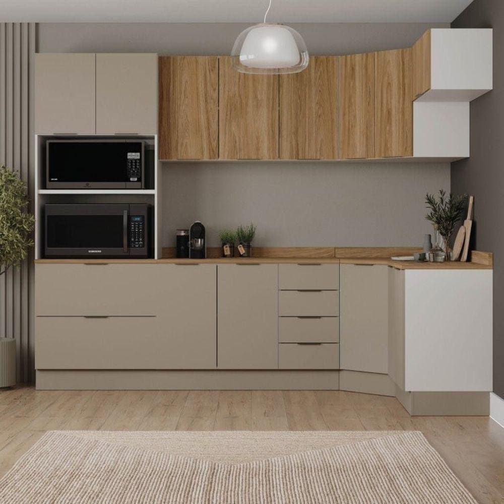 Cozinha Modulada 7 Peças com Tampo e Rodapé Ipanema Cabecasa Madeiramadeira Cinza Trama/Acácia