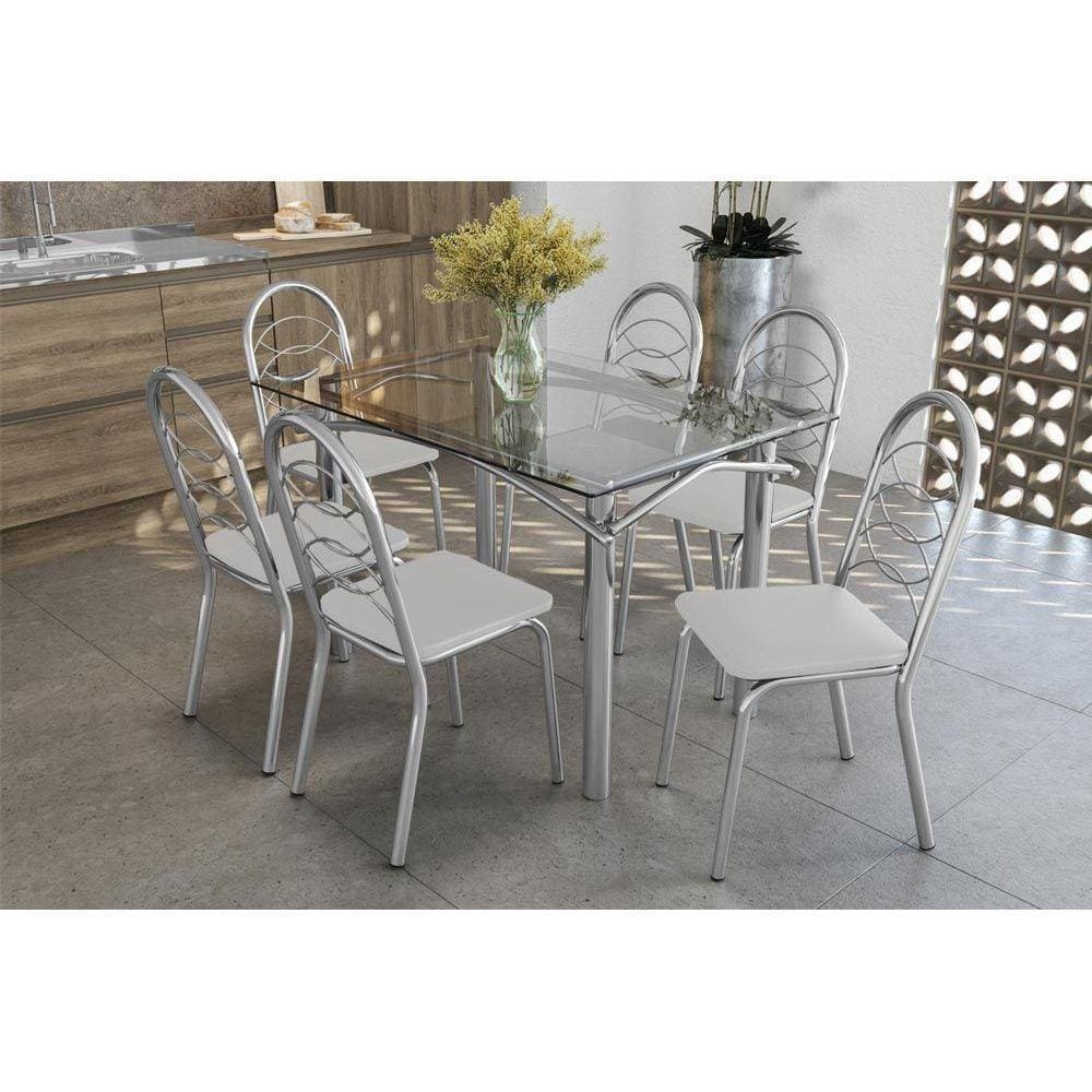 Kit Mesa Elba C- Tampo de Vidro 120cm + 6 Cadeiras Holanda Cromada Branco