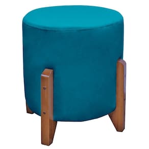 Puff Bally Luxo Banqueta Redonda Madeira Maciça Veludo Azul Turquesa - WD Decor